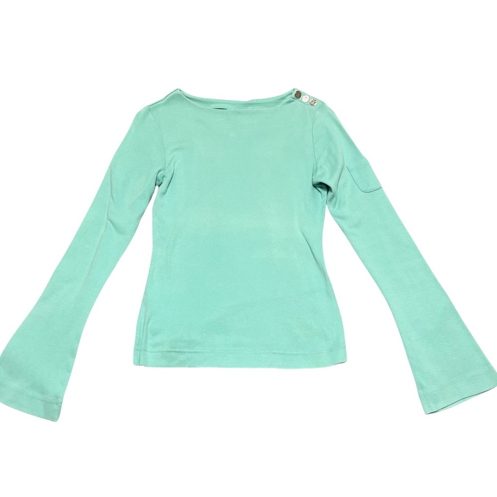 Tory Burch Long Sleeve Cotton Blouse Turquoise Embellished Snaps Small
